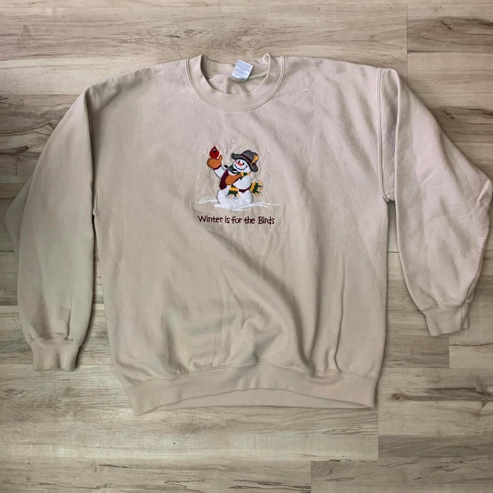 Gildan Vintage Snowman Crewneck Sweater Cream Large Winter Is For The Birds